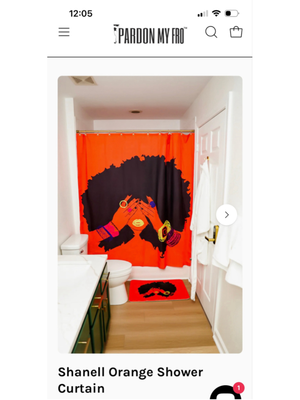 New Pardon My Fro Shanell orange shower curtain features a bold illustration